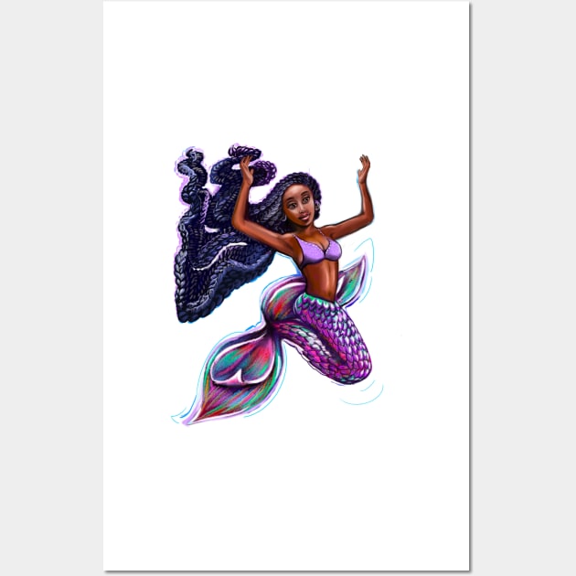 mermaid with flowing braids 4, brown eyes curly Afro hair and caramel brown skin. Black mermaid Wall Art by Artonmytee